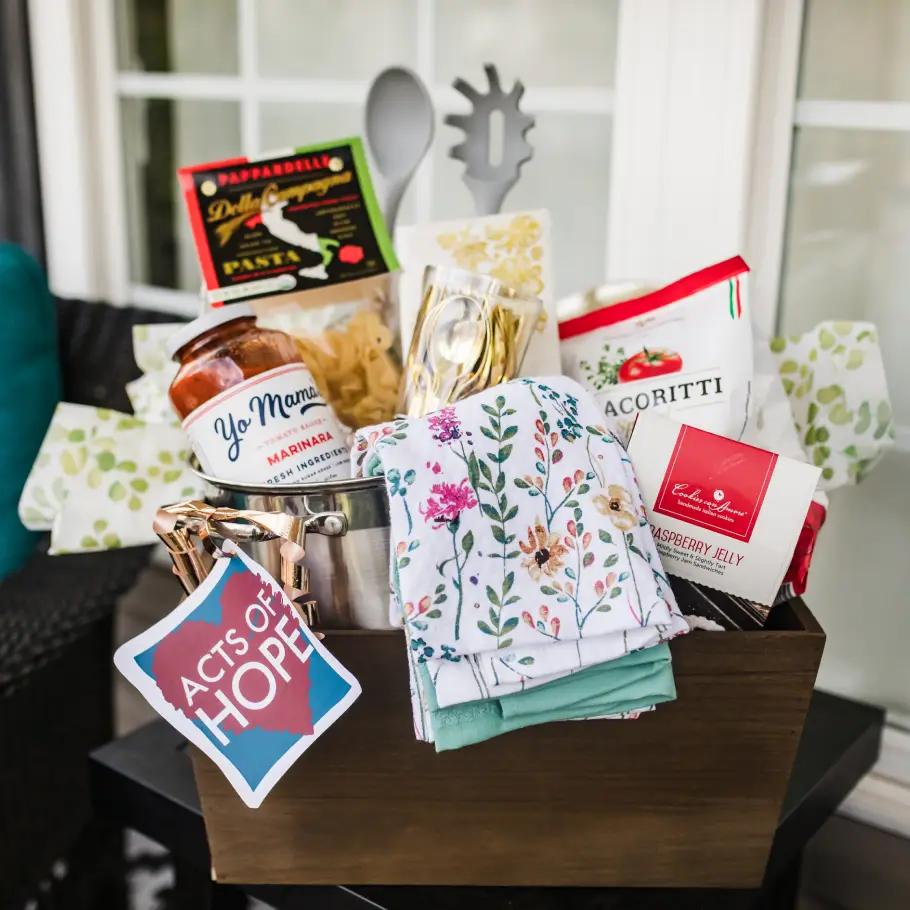 Colorful basket with personal care items and flowers