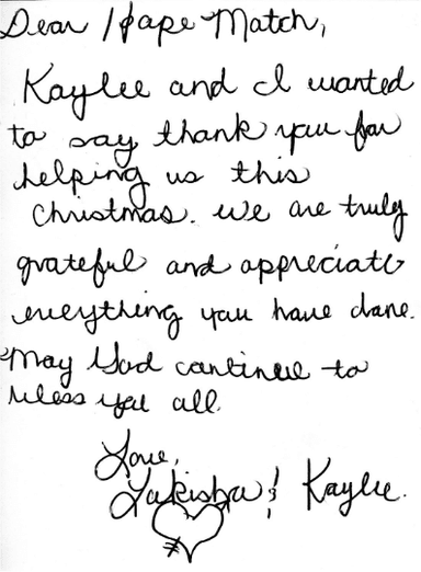 Handwritten thank-you letter from a sponsored family